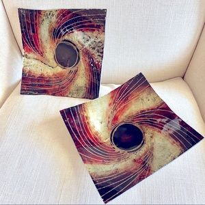 Italian Glass candy dish candle holder plates home decor display 2 piece red set